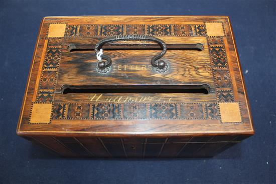 A Victorian Tunbridgeware tea caddy and a letter box